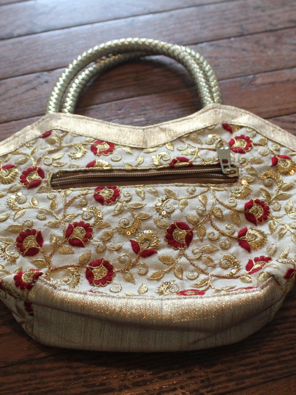 Indian Purse Small Embroidered Bag Gold with red Floral, Braided Handle